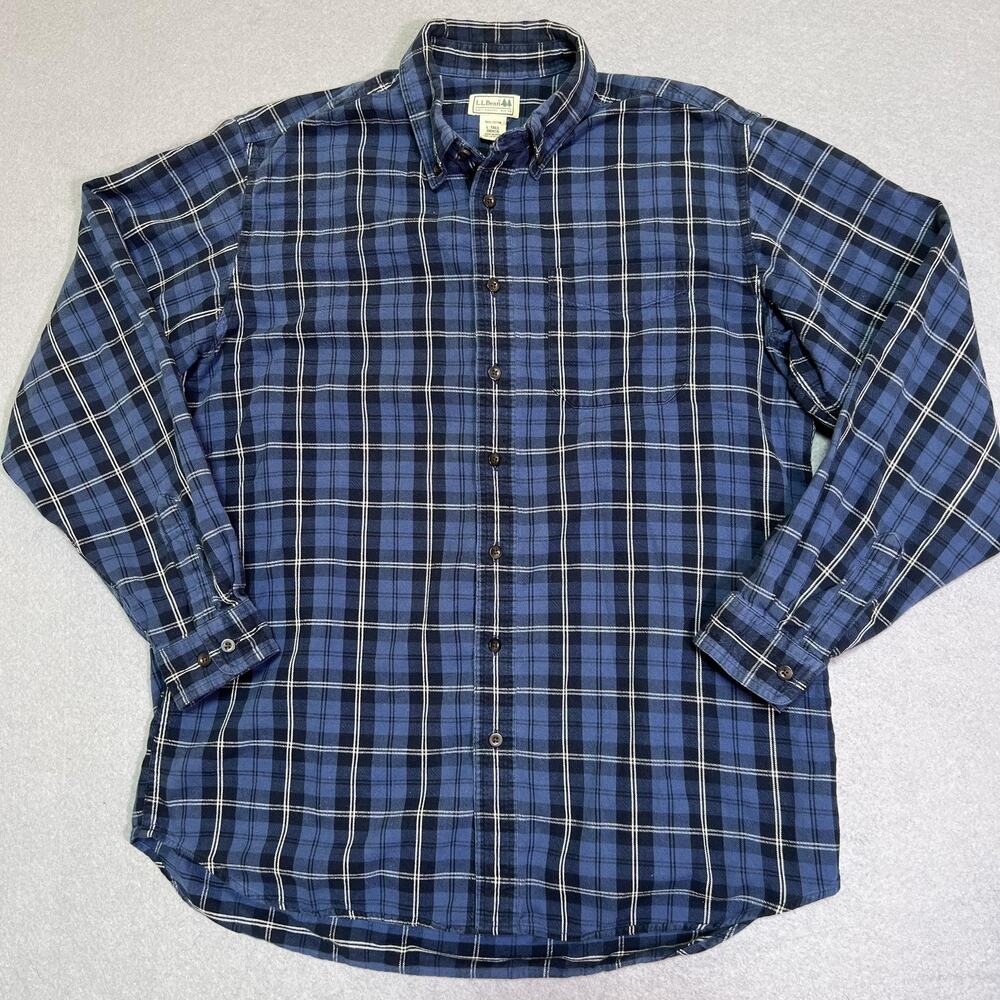 LL Bean Shirt Mens LT Blue Plaid Flannel Button Front Long Sleeve Casual